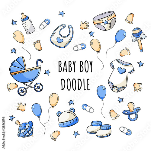 Hand drawn set of baby elements icons in doodle sketch style. Vector illustration for icon, background, frame design.