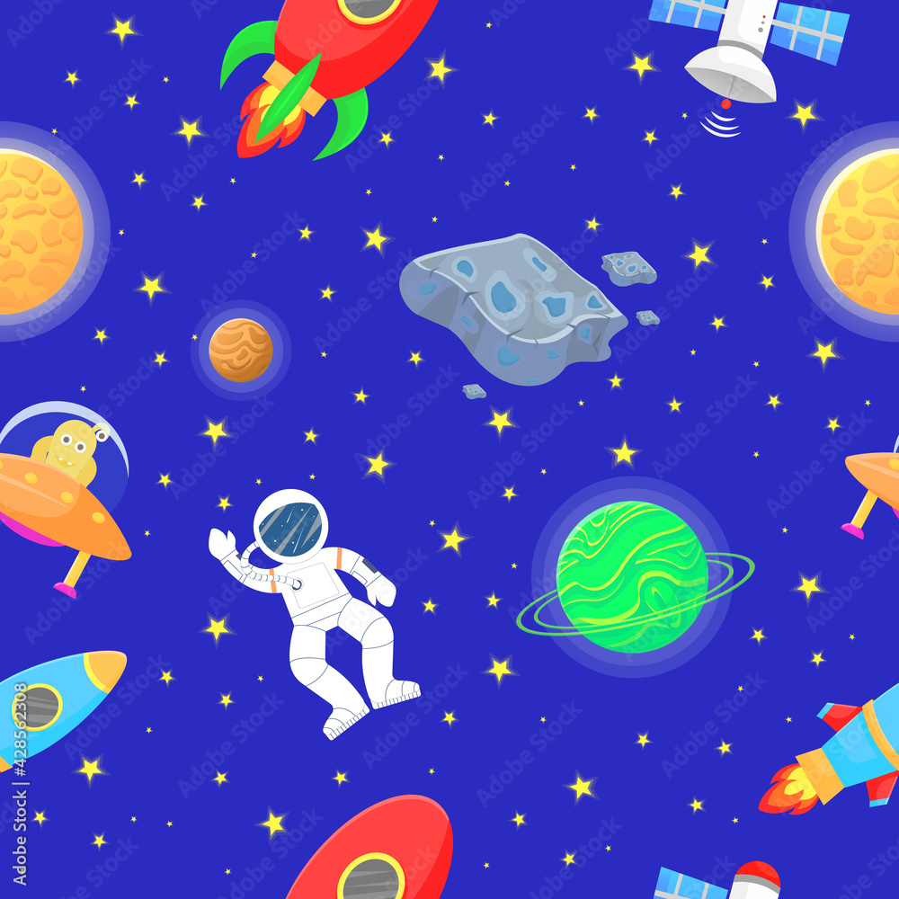Astronaut with rocket and alien in the open space Astronaut with rocket and alien in the open space