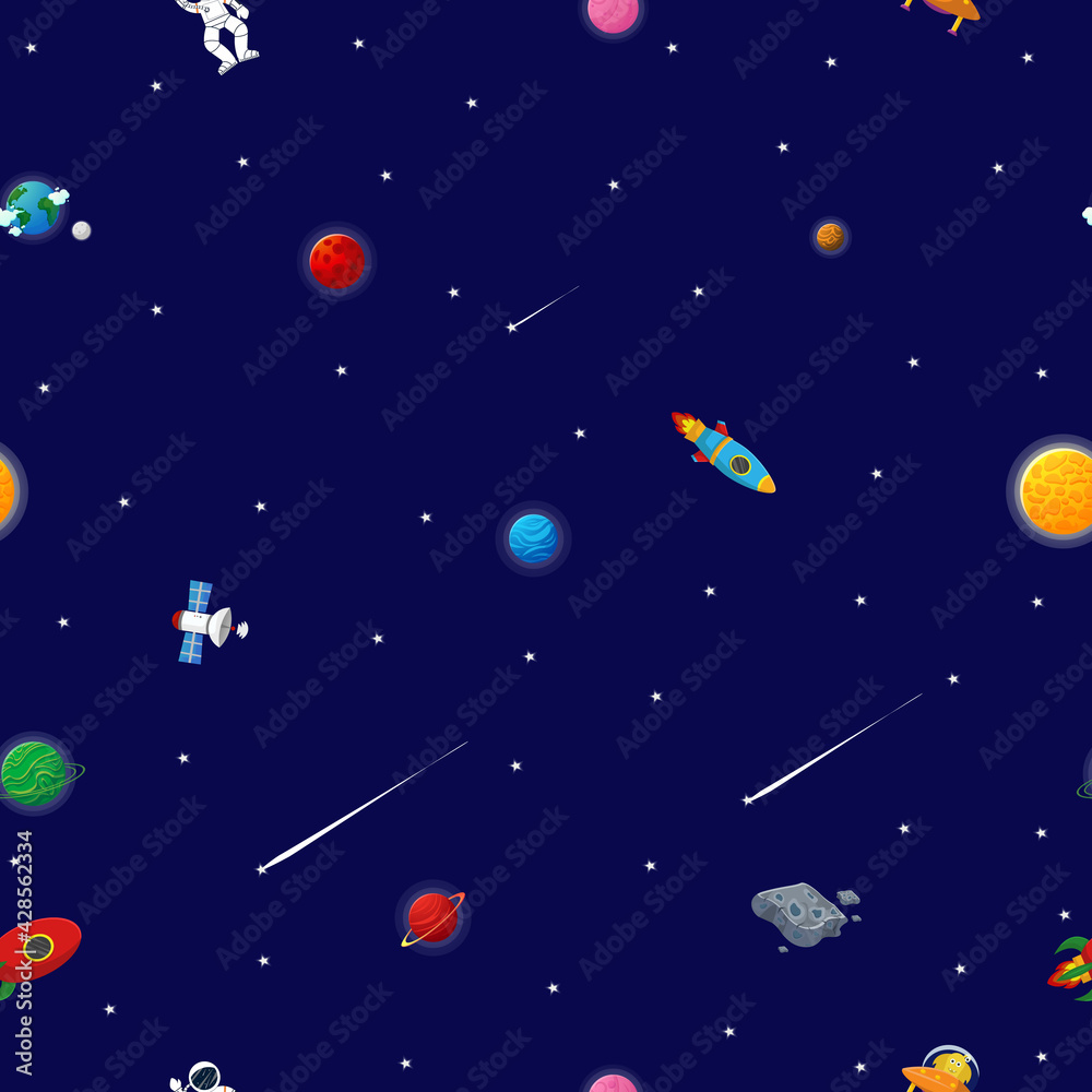 Space pattern with planets and stars. Astronaut