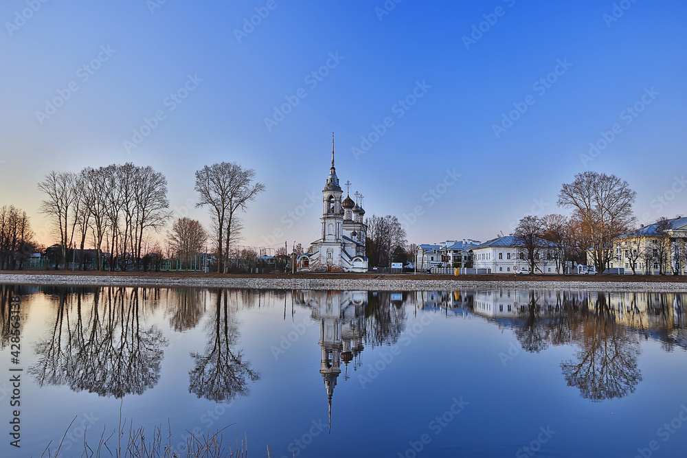church river panorama vologda, landscape orthodoxy tourism russia