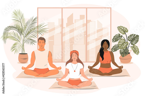Group of different people do yoga and meditates in gym. Concept of yoga school, health care and sport, stress relief, physical and mental health. Flat vector illustration