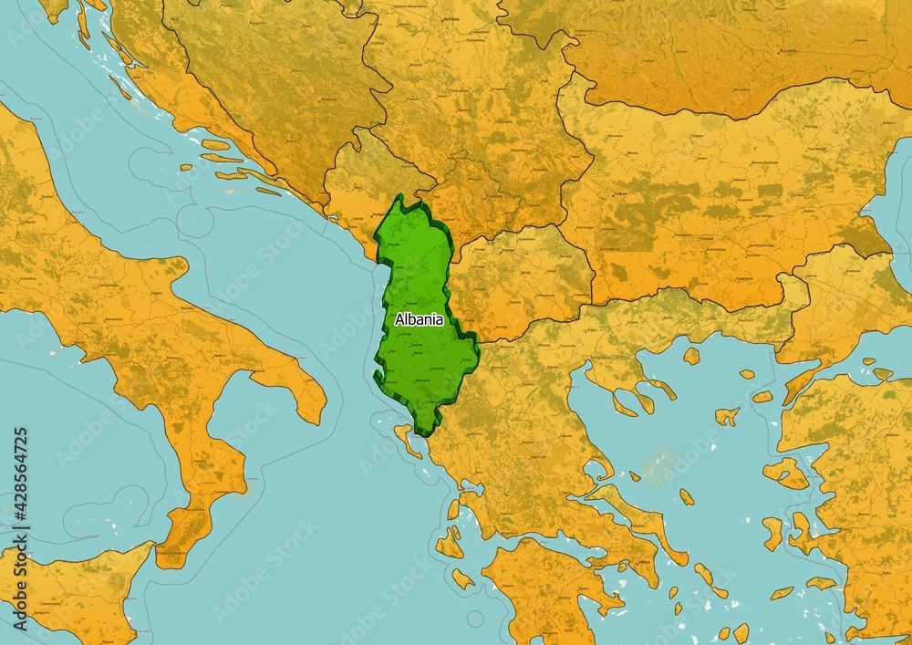 Albania map showing country highlighted in green color with rest of European countries in brown