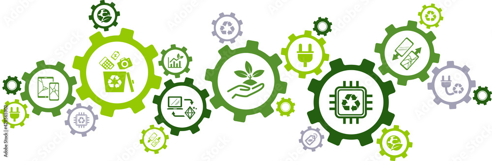 Electronic waste recycling vector illustration. Concept with connected icons related to e-waste, responsible disposal of old electronics, phones & equipment, recyclable resources in electrical scrap. Electronic waste recycling vector illustration. Concept with connected icons related to e-waste, responsible disposal of old electronics, phones & equipment, recyclable resources in electrical scrap.