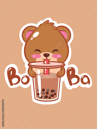 a cute bear drinking boba tea. cartoon character and mascot illustration concept.
