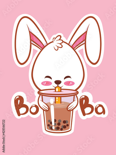a cute rabbit drinking a boba tea. cartoon character and mascot illustration concept.