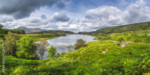 Large panorama with beautiful lake, Looscaunagh Lough, surrounded by green ferns and hills of Molls Gap, MacGillycuddys Reeks, Ring of Kerry, Ireland