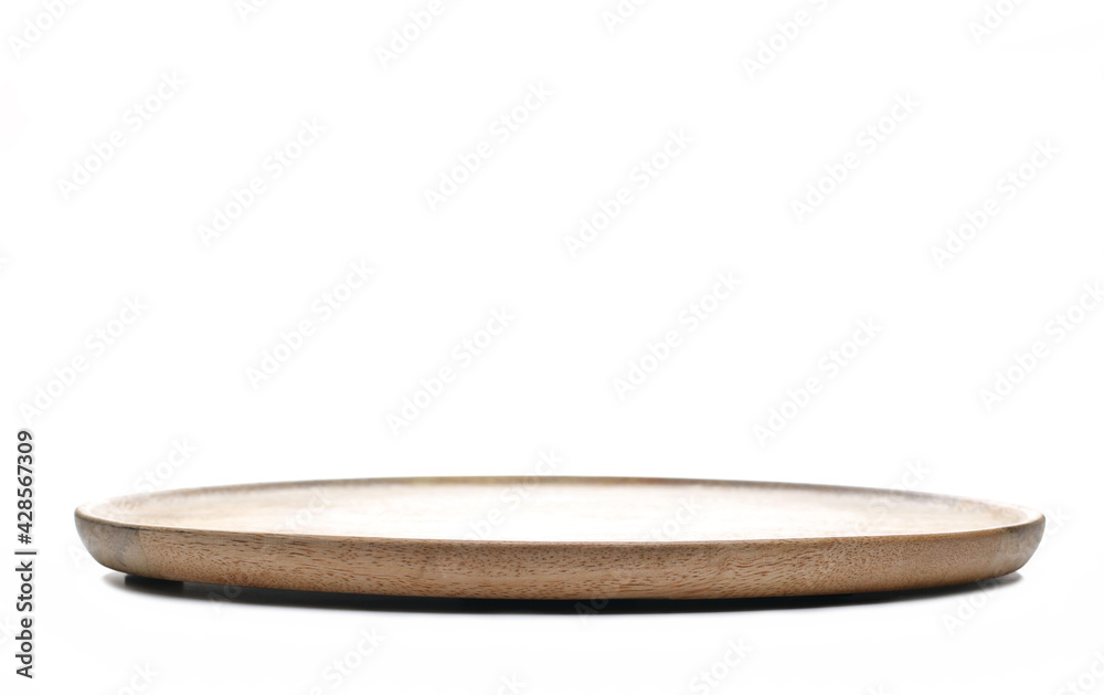 Empty round wooden plate isolated on white background, side view Empty round wooden plate isolated on white background, side view