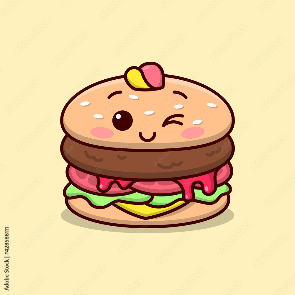 CUTE BURGER SMILING WEARING A HAT IN CARTOON STYLE ILLUSTRATION. CUTE BURGER SMILING WEARING A HAT IN CARTOON STYLE ILLUSTRATION.