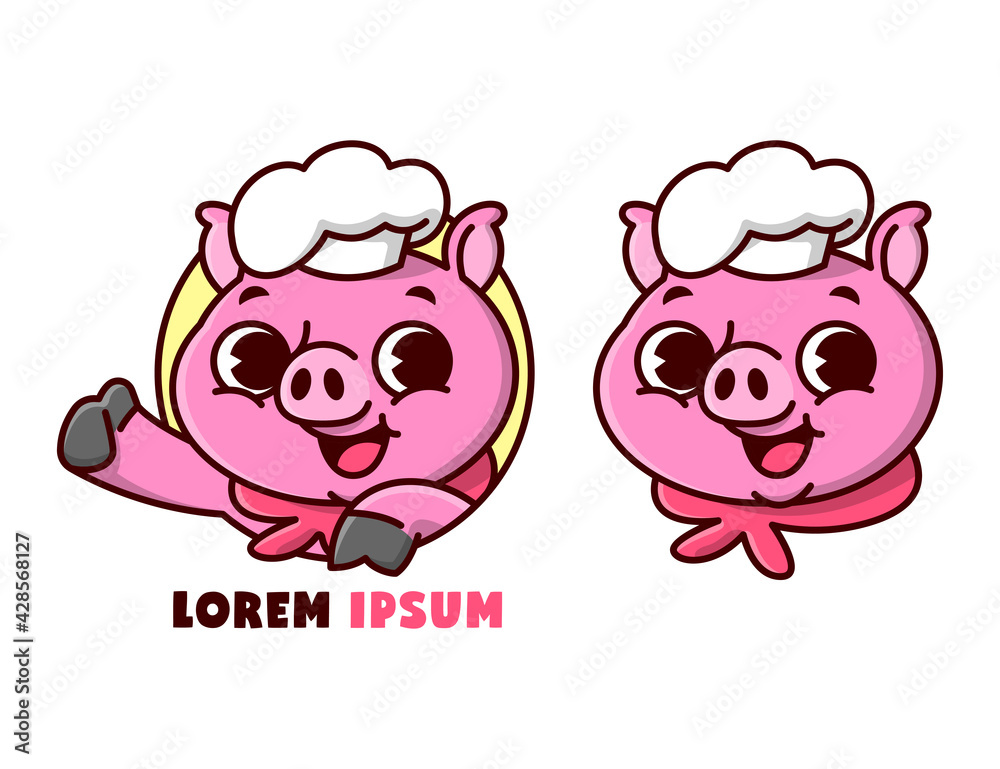 CUTE PINK PIG WEARING CHEF HAT SMILING IN CARTOON STYLE MASCOT.