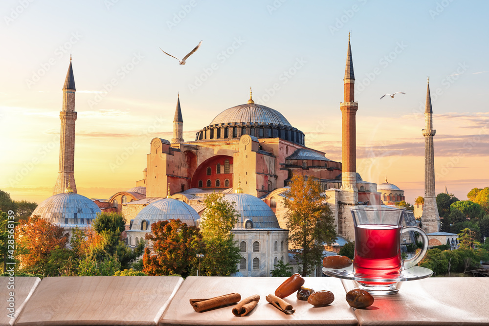 The Hagia Sophia Mosque and traditional turkish tea party nearby, Istanbul