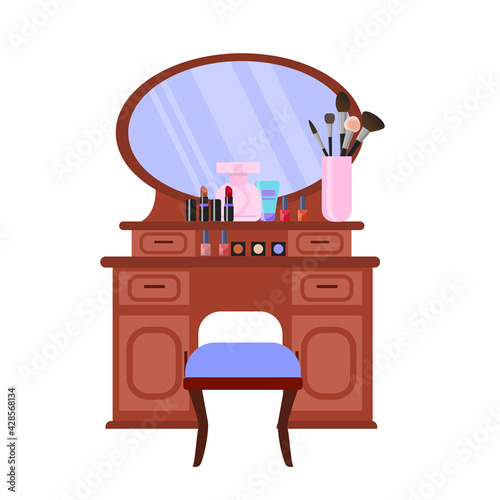 Dressing table with mirror and stool  in vintage style. Cosmetics, jewelry box, makeup brushes, perfume, and a comb on the table. Vector illustration in cartoon flat style