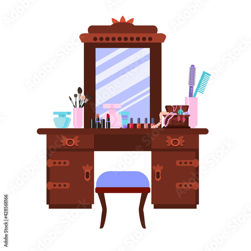 Dressing table with mirror and stool  in vintage style. Cosmetics, jewelry box, makeup brushes, perfume, and a comb on the table. Vector illustration in cartoon flat style