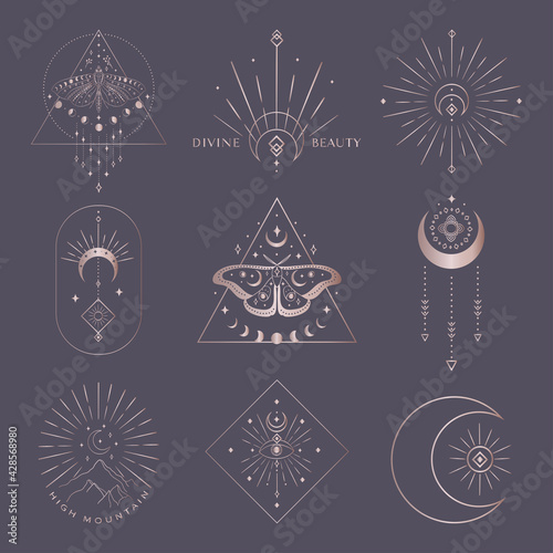 Golden vector abstract mystic line design elements