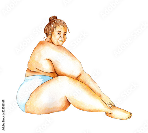 Watercolor illustration of a fat nude girl sitting sideways. Pose for a photo shoot. Self-love, self-respect, femenism. Isolated over white background. Drawn by hand.