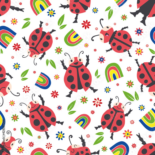 Cute ladybirds and rainbows seamless vector pattern background. Happy dancing ladybugs in childlike drawing style. Design in primary colors with garden bugs, flowers.All over print for children