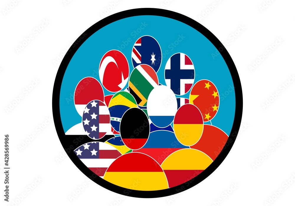 Diversidad cultural en el mundo. Siluetas de personas con la bandera de España, USA, Alemania, Sudáfrica, Turquía, Noruega, China, Rusia, Egipto y Australia