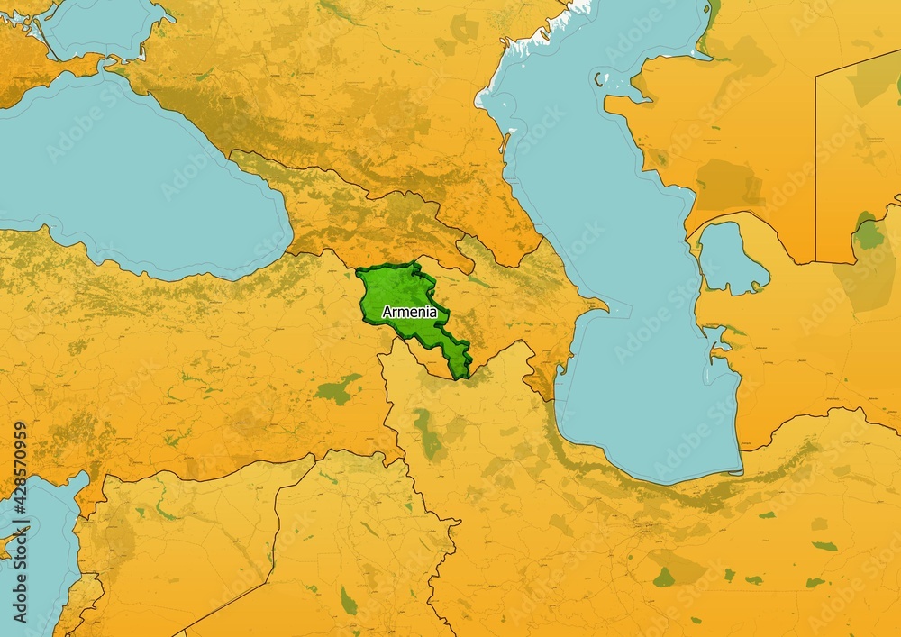 Armenia map showing country highlighted in green color with rest of European countries in brown