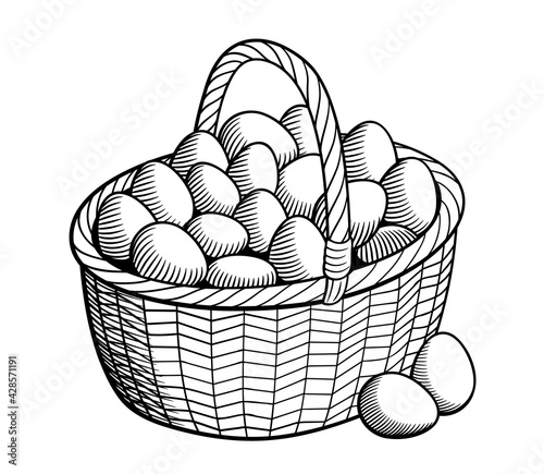Black and white retro style vector illustration of big wicker basket with chicken eggs