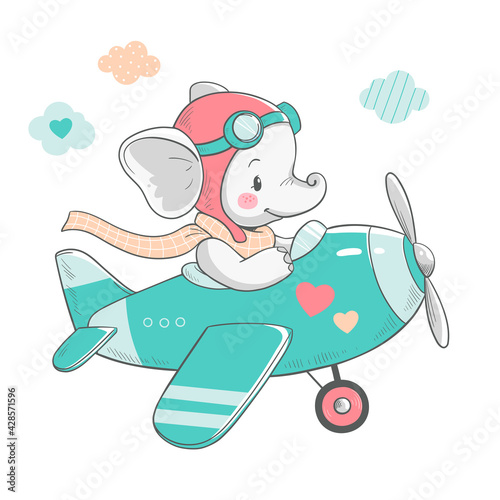 Vector illustration of a cute baby elephant, flying on a green plane.