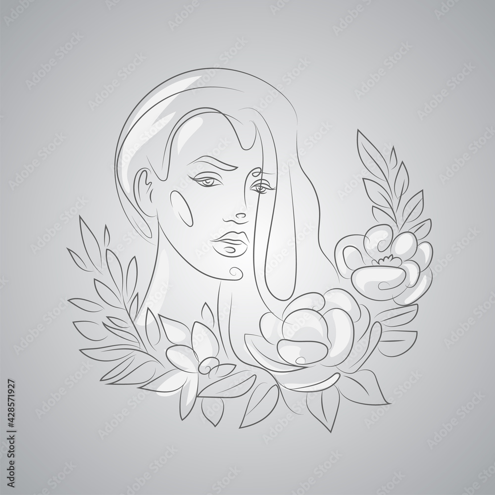 Young woman face with flowers line drawing. Flower bouquet. Minimalist hand draw artwork