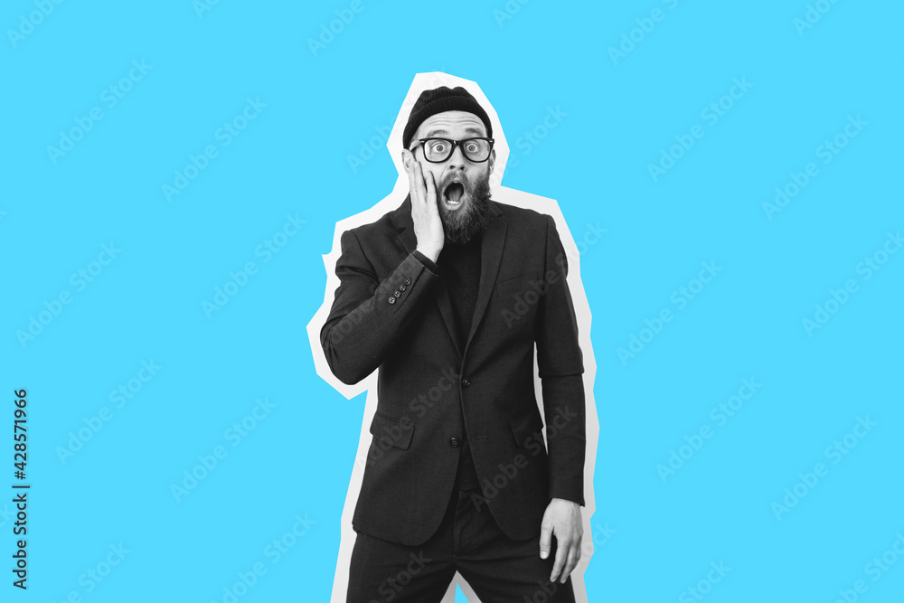 Crazy hipster guy emotions. Collage in magazine style. Flyer with trendy colors. Discount, season sales. Modern design, creative artwork Crazy hipster guy emotions. Collage in magazine style. Flyer with trendy colors. Discount, season sales. Modern design, creative artwork
