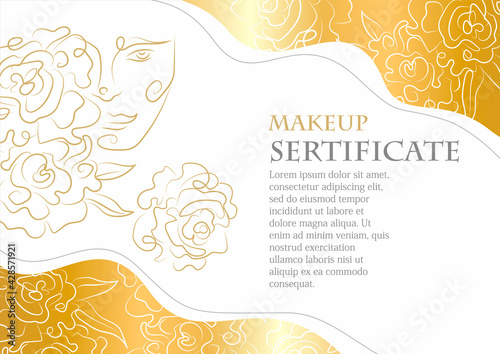 Girl face with flowers makeup certificate template with golden elements. A bouquet of flowers in a woman's head. Natural cosmetic. Minimalistic hand draw artwork