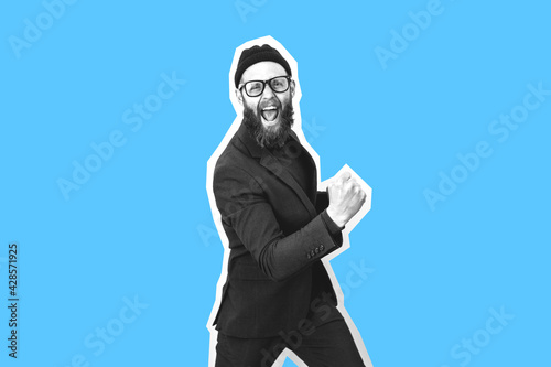 Crazy hipster guy emotions. Collage in magazine style. Flyer with trendy colors, copyspace for ad. Discount, sale, season sales. Colorful summer concept. Modern design, creative artwork