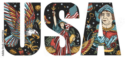 USA slogan. Statue of liberty, eagle, flag, map.Typography art. Patriotic tattoo style. Vector graphics. Double exposure lettering. United states of America concept