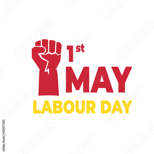 Happy labour day vector label, social media post, background or banner with man hand illustration. workers day poster. 1 may. may day