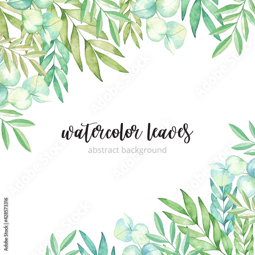 Watercolor green leaves background