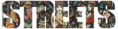 Streets slogan. Chicano art. Hip-hop, gangsta lifestyle. Tattoo style. Vector graphics. Pop culture lifestyle. Double exposure lettering. Typography. Criminal art. Swag. Bad girl