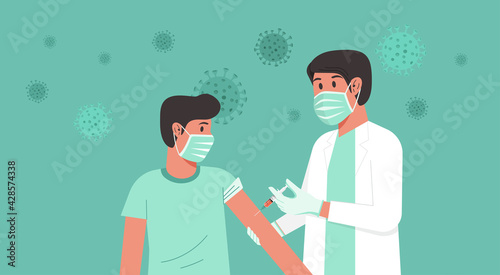Immunization and vaccination flu shot concept, male doctor with medical protective suit, glove, mask inject syringe in patient arm, Covid-19 prevention with boy having vaccine, vector illustration