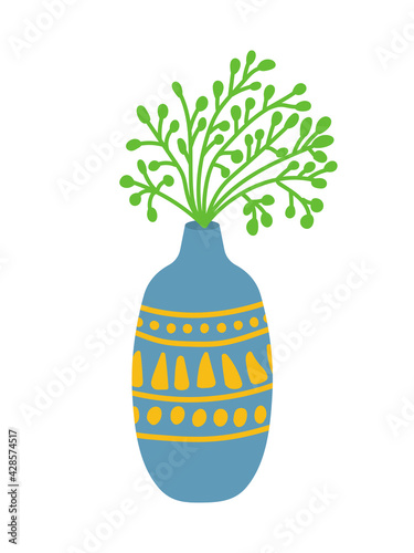 Ceramic vase with green plant. Hand drawn ornament vase isolated. Grey and yellow colors. Cute home decor.