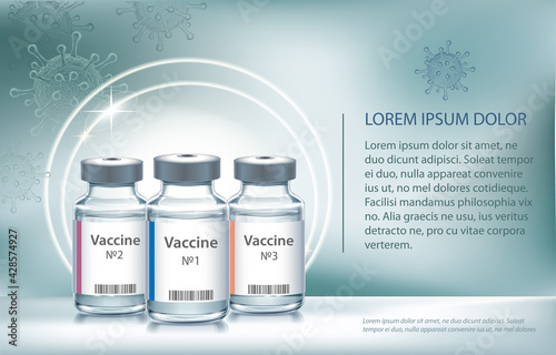 The medical concept with vaccine bottles and virus.  Transparent vector ampoule on blue background