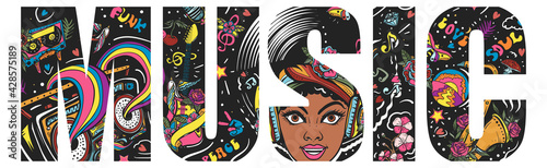 Music slogan. Double exposure lettering. Happy African American young funky woman. Musical party. Saxophone and retro boom box. Funk, disco and soul. Typography art. Tattoo style. Vector graphics