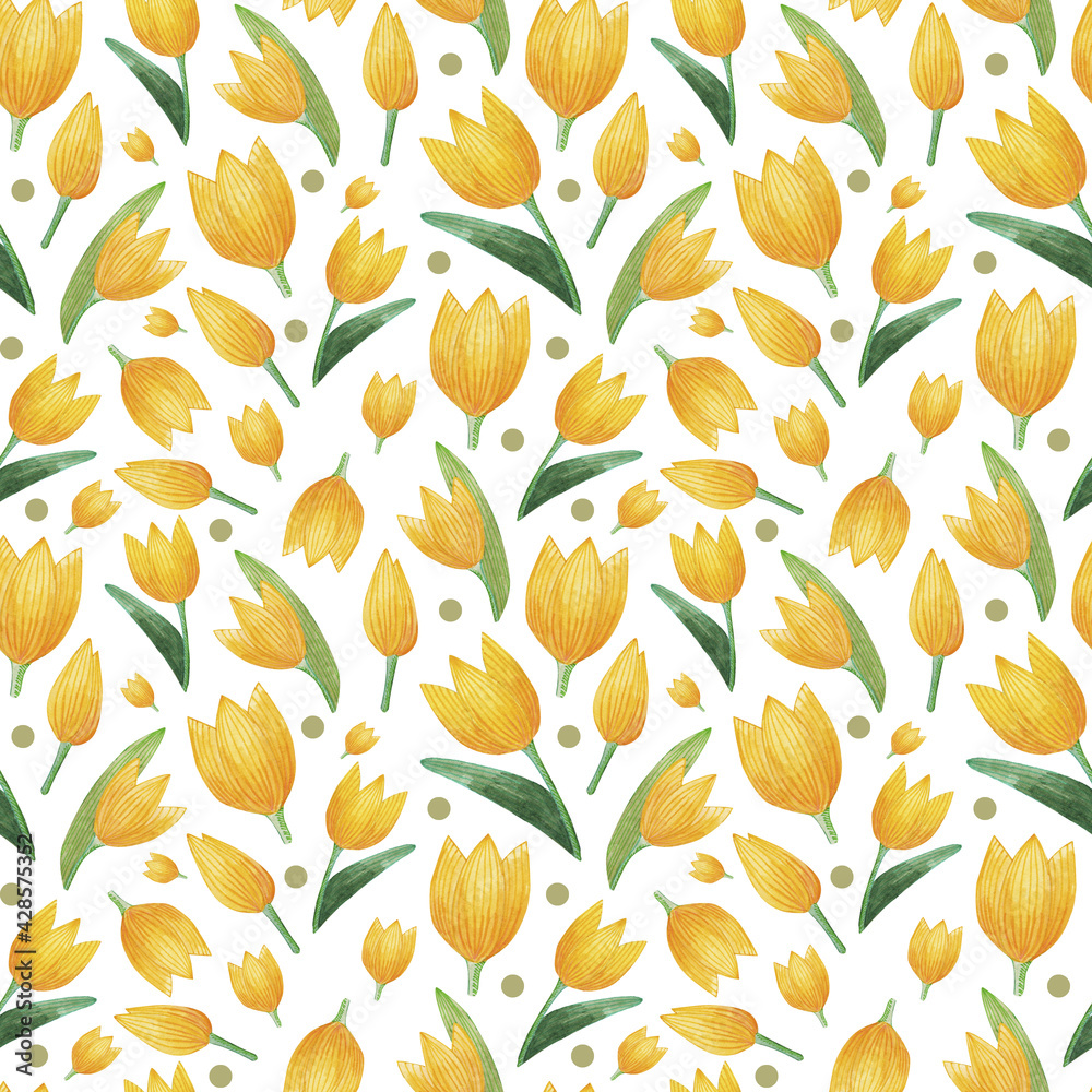 Fototapeta premium Watercolor pattern with yellow tulips. Spring bunch of flowers.