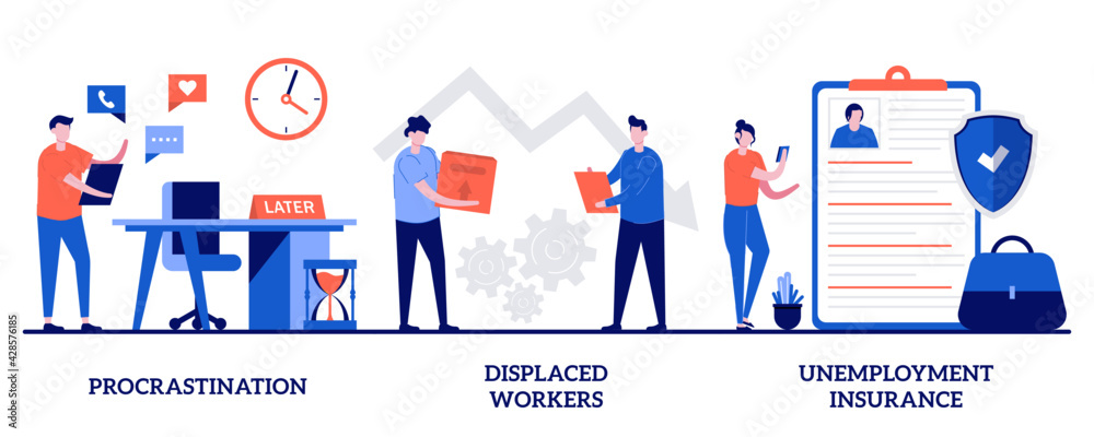 Procrastination, displaced workers, unemployment insurance concept with tiny people. Business termination vector illustration set. Professional burnout, lost job position, claim form metaphor Procrastination, displaced workers, unemployment insurance concept with tiny people. Business termination vector illustration set. Professional burnout, lost job position, claim form metaphor