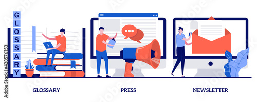 Glossary and newsletter, press web page concept with tiny people. Company latest news vector illustration set. Menu bar, terms and dictionary, about us, landing page, get updates, promotion metaphor
