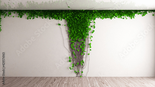 Fototapeta Naklejka Na Ścianę i Meble -  White wall with leaves. Modern simple interior with ivy plants. 3d rendering illustration. High resolution.