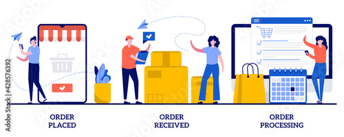 Order placed, received and processing concept with tiny people. E-commerce shopping vector illustration set. Online booking, customer service, warehouse software, virtual purchase metaphor