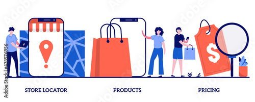 Store locator, product, pricing concept with tiny people. E-commerce website vector illustration set. Website menu bar, find us, service catalog, retail store, online shopping, wishlist metaphor