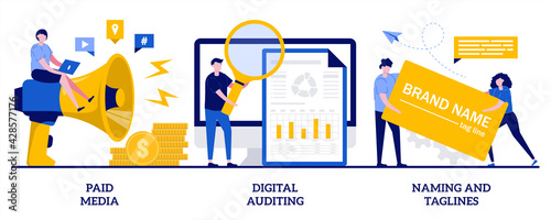 Paid media, digital auditing, naming and taglines concept with tiny people. Marketing platform, online documentation inspection, corporate identity development abstract vector illustration set photo