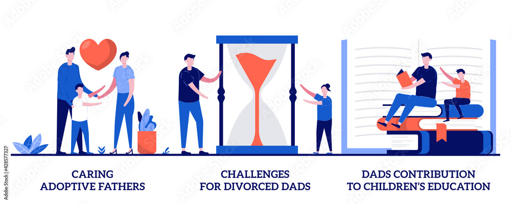 Caring adoptive parents, divorced dads challenges, dads contribution to children's education concept with tiny people. Single father teaching son, children raising, family life metaphor