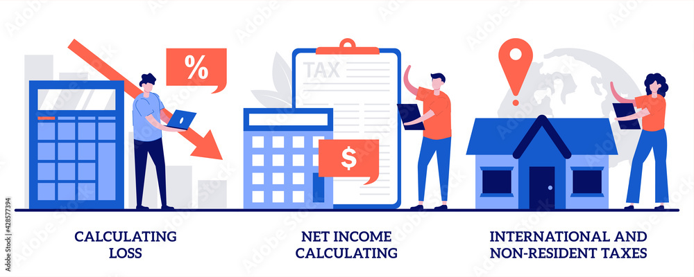 Calculating loss, calculating net income, international and non-resident taxes concept with tiny people. Company profit and loss abstract vector illustration set Calculating loss, calculating net income, international and non-resident taxes concept with tiny people. Company profit and loss abstract vector illustration set