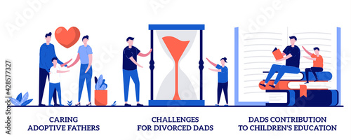 Caring adoptive parents, divorced dads challenges, dads contribution to children's education concept with tiny people. Single father teaching son, children raising, family life metaphor