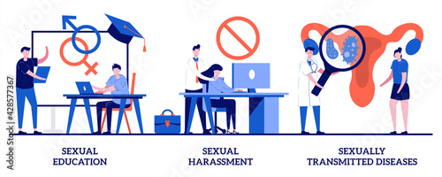 Sexual harassment and sexually transmitted diseases concept with tiny people. Sexual behavior vector illustration set. Sex education, abuse and assault, insecure contact, labor relationship metaphor photo