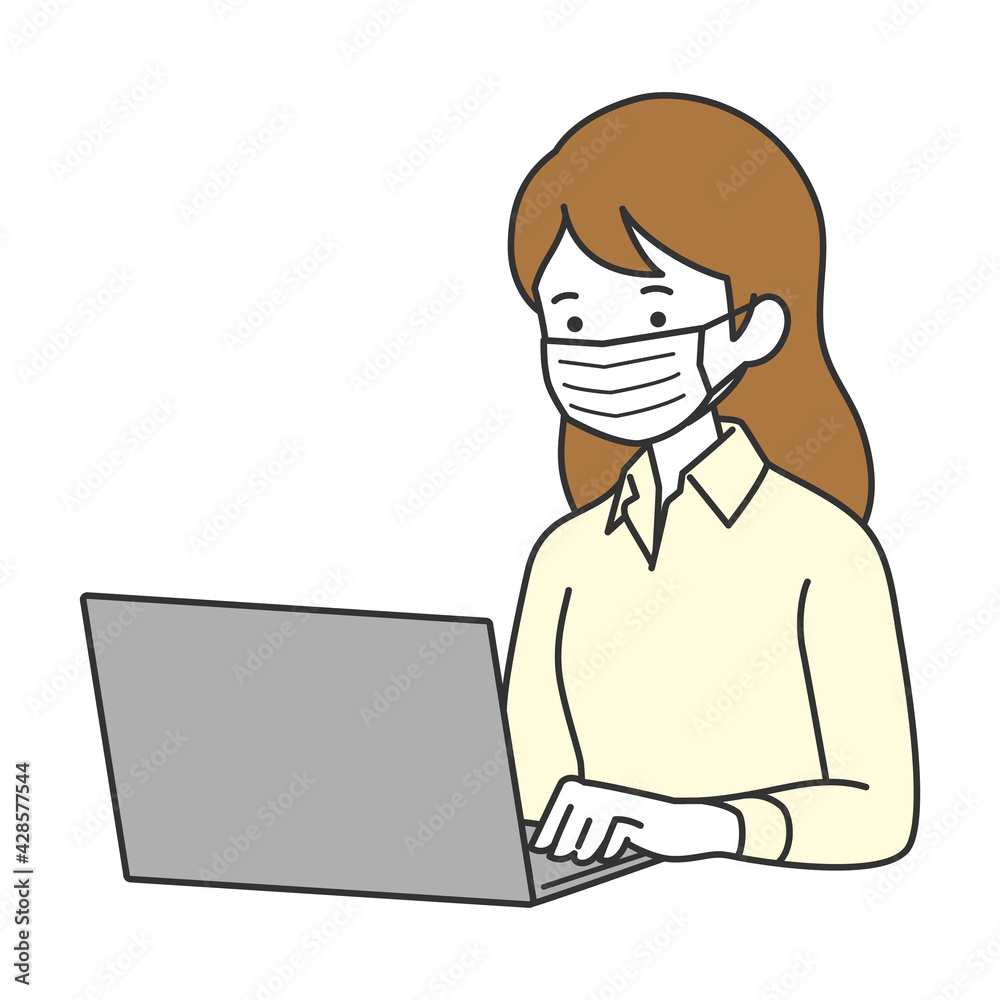 マスクをつけて仕事をするビジネスウーマン イラスト素材 マスクをつけて仕事をするビジネスウーマン イラスト素材