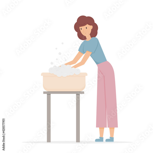 The girl washes in the basin. Vector flat character