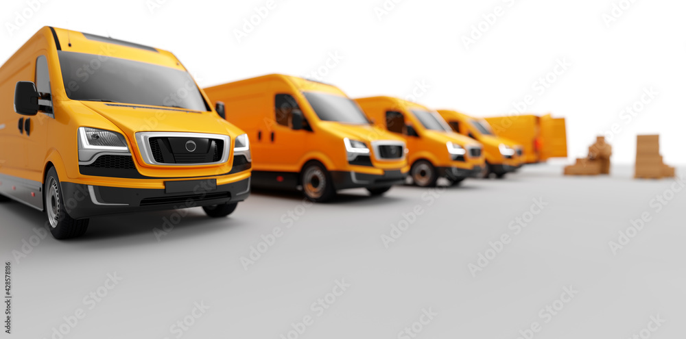 Parcel delivery in van transportation trucks on white.