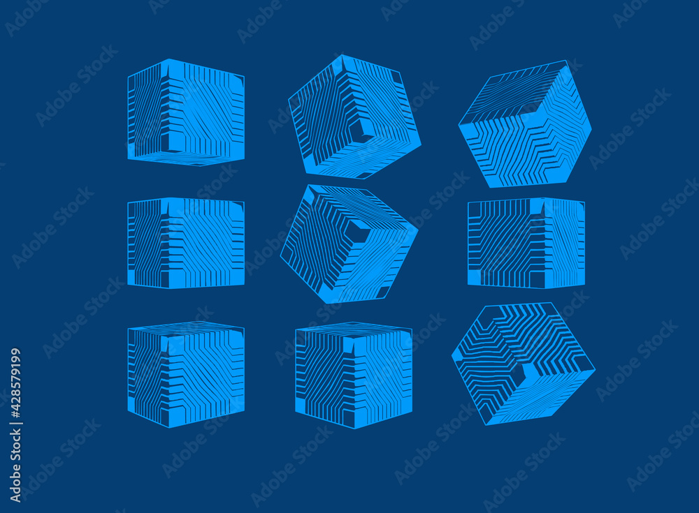 Abstract geometric cube collection vector illustration set on blue BG Abstract geometric cube collection vector illustration set on blue BG